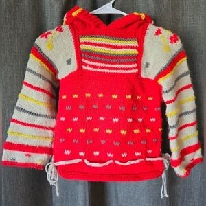 Homemade Knit Hoodie Red Striped Yarn Youth Size 6 Vintage